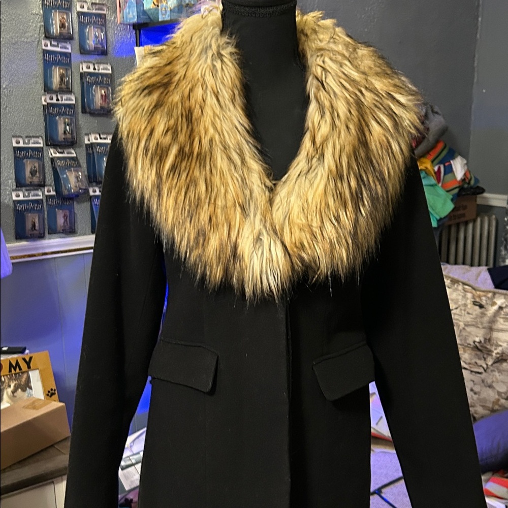 K Jordan Elegant Black Coat with Faux Fur Collar